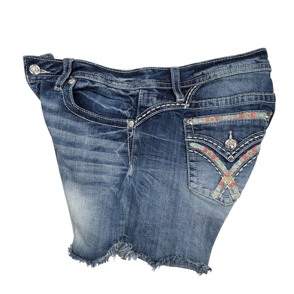 Y2K Miss Me Embroidered Sequin Denim Shorts Medium Wash Frayed Hem Size 33 - Picture 3 of 9